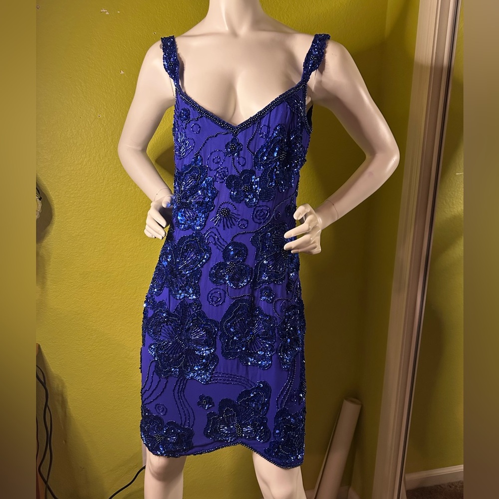 Della Roufogali Blue Beaded & Sequined Floral Dress
